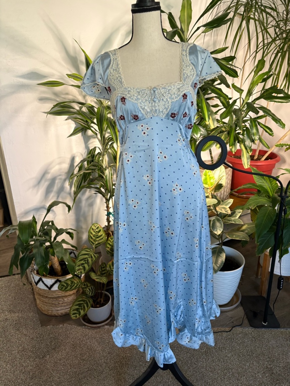 Free People Powder Blue Floral Slip Dress with Navy Dot Print